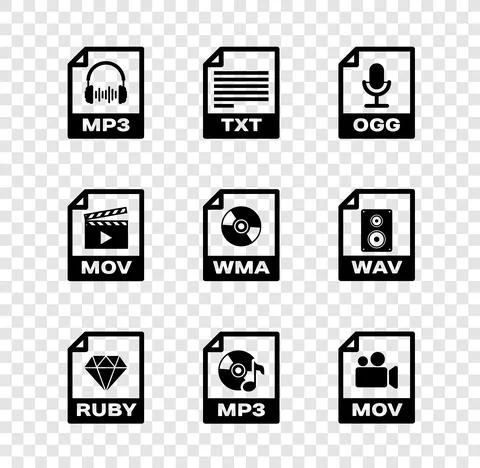 Set MP3 file document, TXT, OGG, RUBY, and MOV icon. Vector Stock Illustration