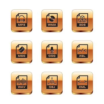Set MP3 file document, WAV, OBJ, OGG, MSG and 3DS icon. Vector 库存插图