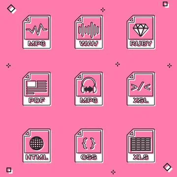 Set MP3 file document, WAV, RUBY, PDF, and XSL icon. Vector Stock Illustration