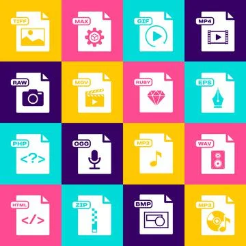 Set MP3 file document, WAV, EPS, GIF, MOV, RAW, TIFF and RUBY icon. Vector Stock Illustration