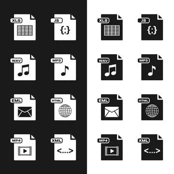 Set MP3 file document, WAV, XLS, JS, EML, HTML, XML and MP4 icon. Vector 스톡 일러스트