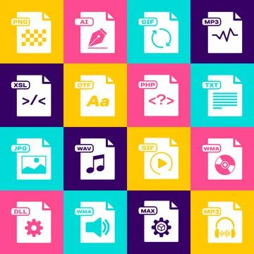 Set MP3 file document, WMA, TXT, GIF, OTF, XSL, PNG and PHP icon. Vector イラスト素材