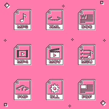 Set MP3 file document, XML, DOC, MP4, MOV and M3U icon. Vector Illustrazione stock