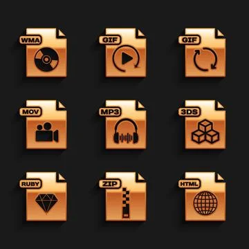 Set MP3 file document, ZIP, HTML, 3DS, RUBY, MOV, GIF and WMA icon. Vector Illustrazione stock