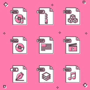 Set MP3 file document, ZIP, 3DS, WMA, PDF, MOV, AI and PSD icon. Vector Stockillustratie
