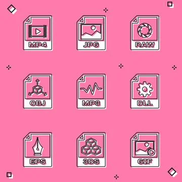 Set MP4 file document, JPG, RAW, OBJ, MP3 and DLL icon. Vector Stockillustratie