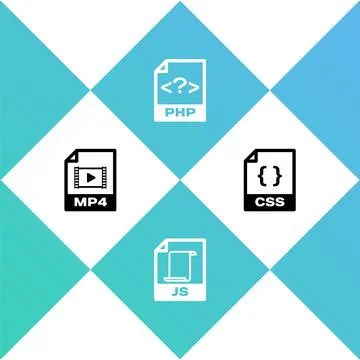 Set MP4 file document, JS, PHP and CSS icon. Vector 库存插图