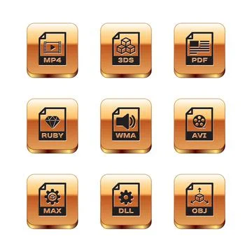 Set MP4 file document, MAX, DLL, WMA, RUBY and PDF icon. Vector Illustrazione stock