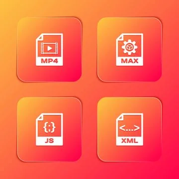 Set MP4 file document, MAX, JS and XML icon. Vector Illustration