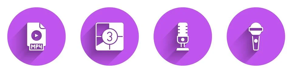 Set MP4 file document, Old film movie countdown frame, Microphone and  icon.. Stock Illustration