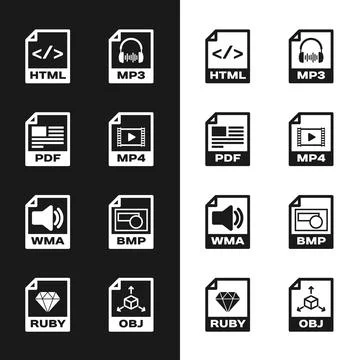 Set MP4 file document, PDF, HTML, MP3, WMA and BMP icon. Vector 스톡 일러스트