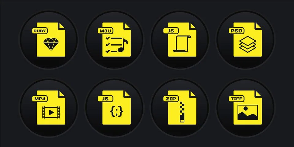 Set MP4 file document, PSD, JS, ZIP, M3U, TIFF and RUBY icon. Vector Stock Illustration