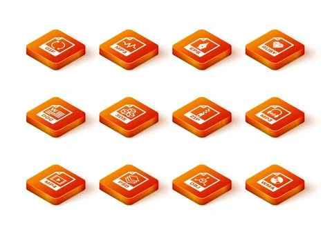 Set MP4 file document, PSD, DOC, 3DS, OBJ and ZIP icon. Vector Stock Illustration