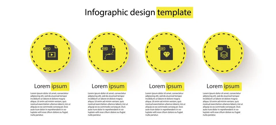Set MP4 file document, SVG, RUBY and PSD. Business infographic template. Vector Illustrazione stock