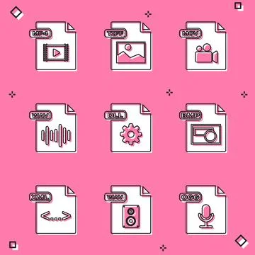 Set MP4 file document, TIFF, MOV, WAV, DLL, BMP, XML and icon. Vector Illustrazione stock