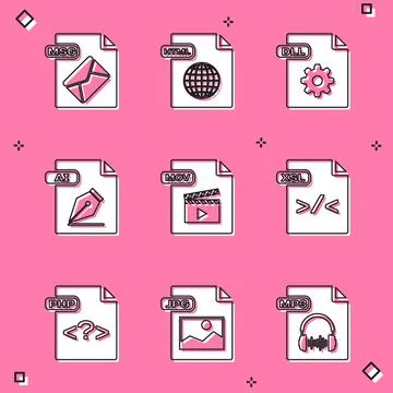 Set MSG file document, HTML, DLL, AI, MOV, XSL, PHP and JPG icon. Vector Illustration
