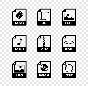 Set MSG file document, JS, TIFF, JPG, WMA and GIF icon. Vector Stock Illustration