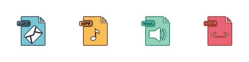 Set MSG file document, MP3, WMA and XML icon. Vector Stock Illustration