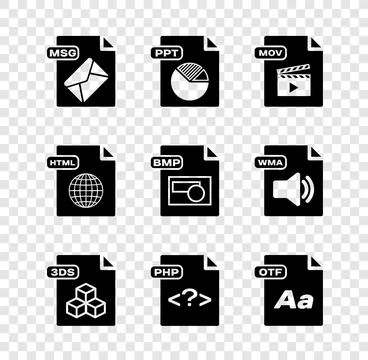 Set MSG file document, PPT, MOV, 3DS, PHP, OTF, HTML and BMP icon. Vector イラスト素材