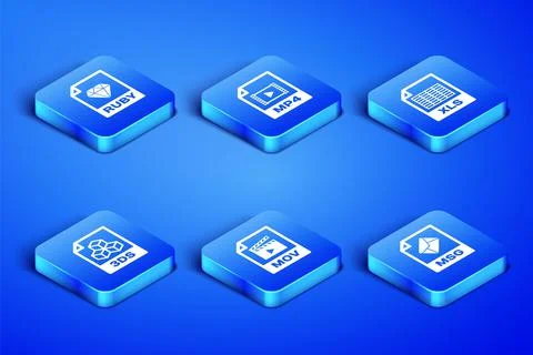Set MSG file document, RUBY, MOV, 3DS, MP4 and XLS icon. Vector イラスト素材