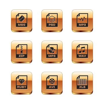 Set MSG file document, RUBY, AVI, MP3, ZIP and icon. Vector Illustrazione stock