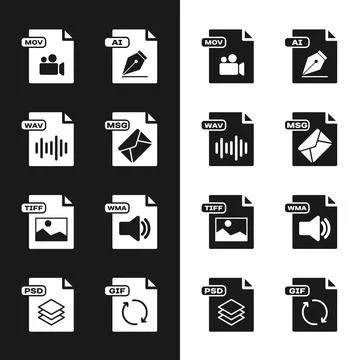 Set MSG file document, WAV, MOV, AI, TIFF, WMA, GIF and PSD icon. Vector 库存插图