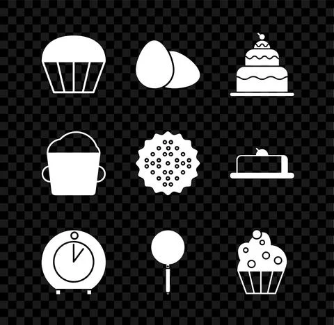 Set Muffin, Chicken egg, Cake, Kitchen timer, Frying pan, Cupcake, Bakery bowl Stock Illustration