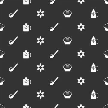Set Muffin, Cup of tea with leaf, Spoon sugar and Flower on seamless pattern Illustrazione stock