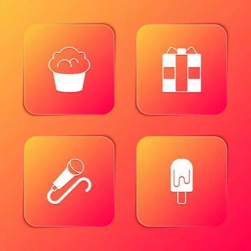 Set Muffin, Gift box, Microphone and Ice cream icon. Vector Stockillustratie