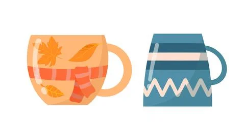 Set of mugs. Cups for tea or coffee with abstract patterns. Ceramic tableware 스톡 일러스트