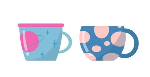 Set of mugs. Cups for tea or coffee with blue abstract patterns. Ceramic 스톡 일러스트