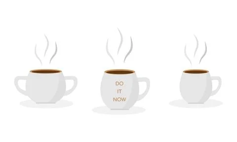 A set of mugs with hot delicious coffee. Aromatic coffee with smoke. Flat vector Stock Illustration