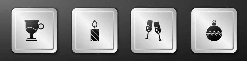 Set Mulled wine, Burning candle, Glass of champagne and Christmas ball icon.. Stock Illustration