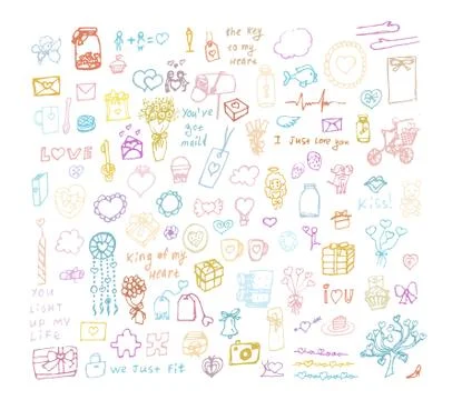 Set of multi color hand drawn elements about love. Sketchy hand drawn doodles Stock Illustration