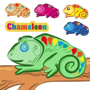 A set of multi-colored chameleons sitting on a tree. Cartoon design. Stockillustratie