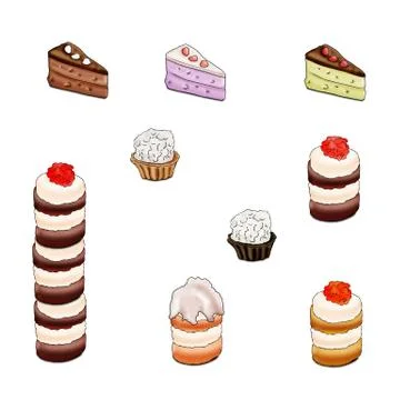 Set of multi-colored delicious cakes and cupcakes. Stock Illustration