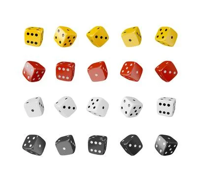 A set of multi-colored dice arranged in a row on an isolated background. Illustrazione stock