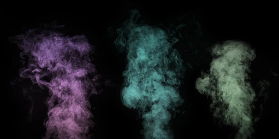 A set of multi-colored different vapors, smoke on a black background to overl Stock Photos