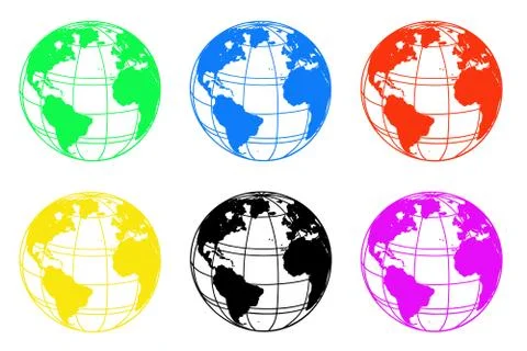 Set of multi-colored earth globes isolated on a white background Stock Illustration