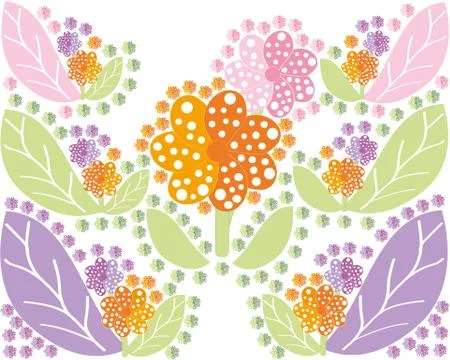 Set of multi colored flowers and leaves in a symmetrical form Stock Illustration