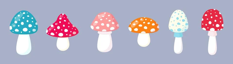 Set of multi-colored fly agarics. Vector illustration in flat style Stock Illustration