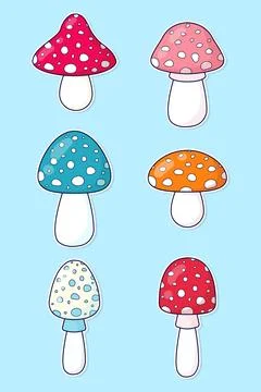 Set of multi-colored fly agarics. Vector stickers in flat style. Stock Illustration