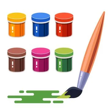 Set of multi-colored gouache paints. paint brush on paper. Stock Illustration