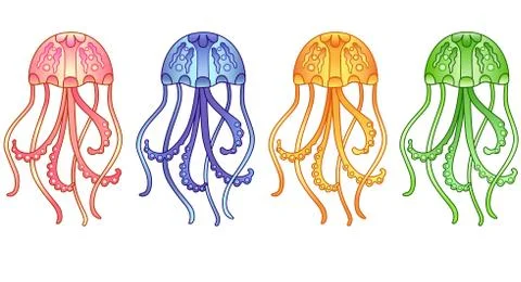 Set of multi-colored jellyfish - vector full-color pictures. Stock Illustration