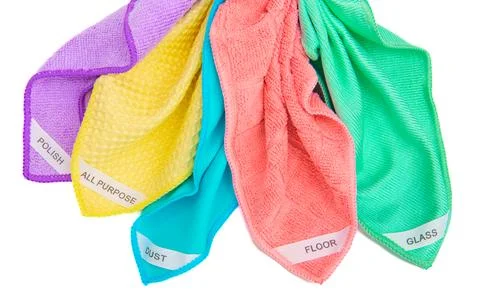 A set of multi-colored microfiber cloths for cleaning. Cleaning services Foto stock