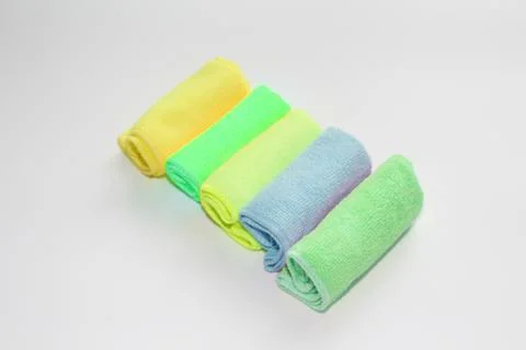 Set of multi-colored microfiber rags for cleaning. Stock Photos