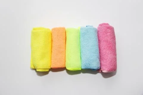 Set of multi-colored microfiber rags for cleaning. Stock Photos
