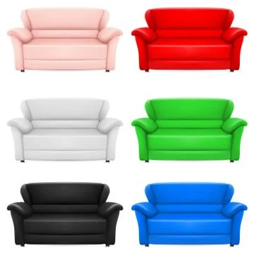A set of multi-colored models of sofas. Illustration on white Illustrazione stock