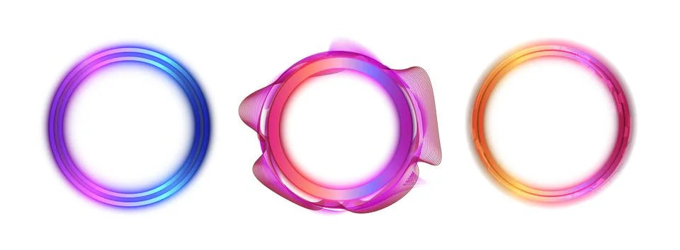 A set of multi-colored neon circles with jagged edges and a double frame. Stock Illustration
