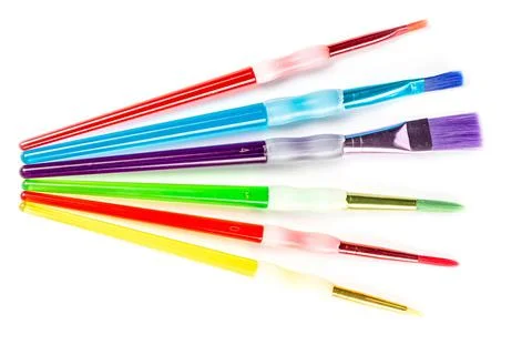 Set of multi-colored paint brushes, top view Stock Photos